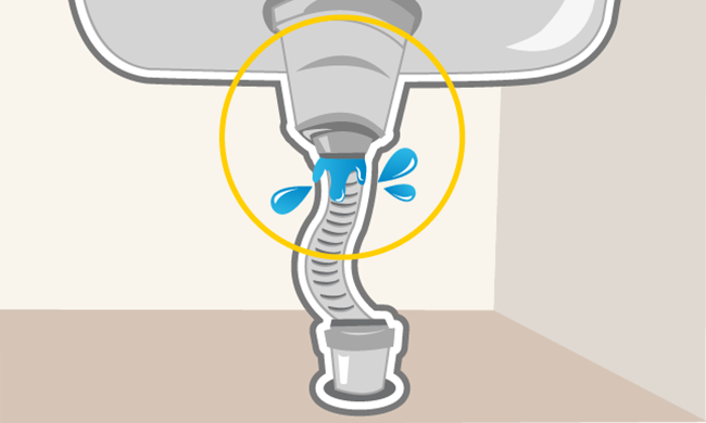 キッチンシンク下「排水トラップ」と「排水ホース」の繋ぎ目からの水漏れ